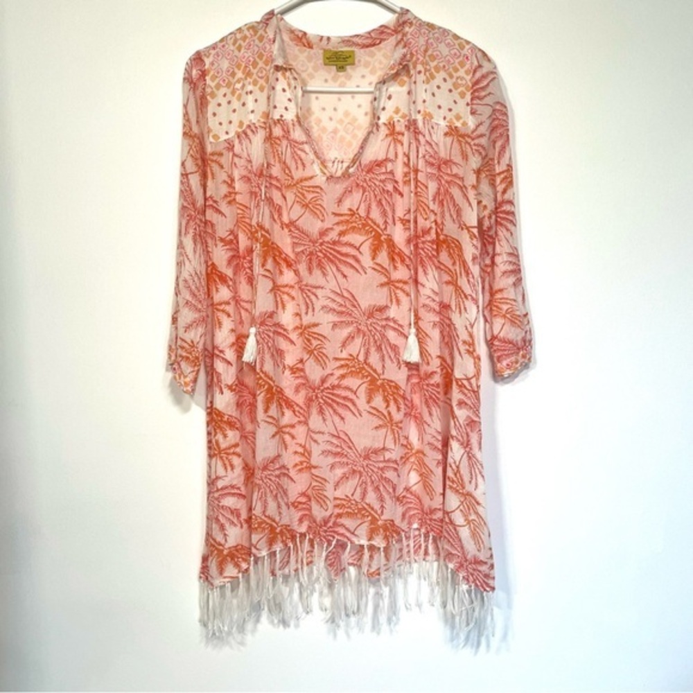 Roller Rabbit palm tree print cotton tunic, fringe trim, 3/4 sleeve, XS
